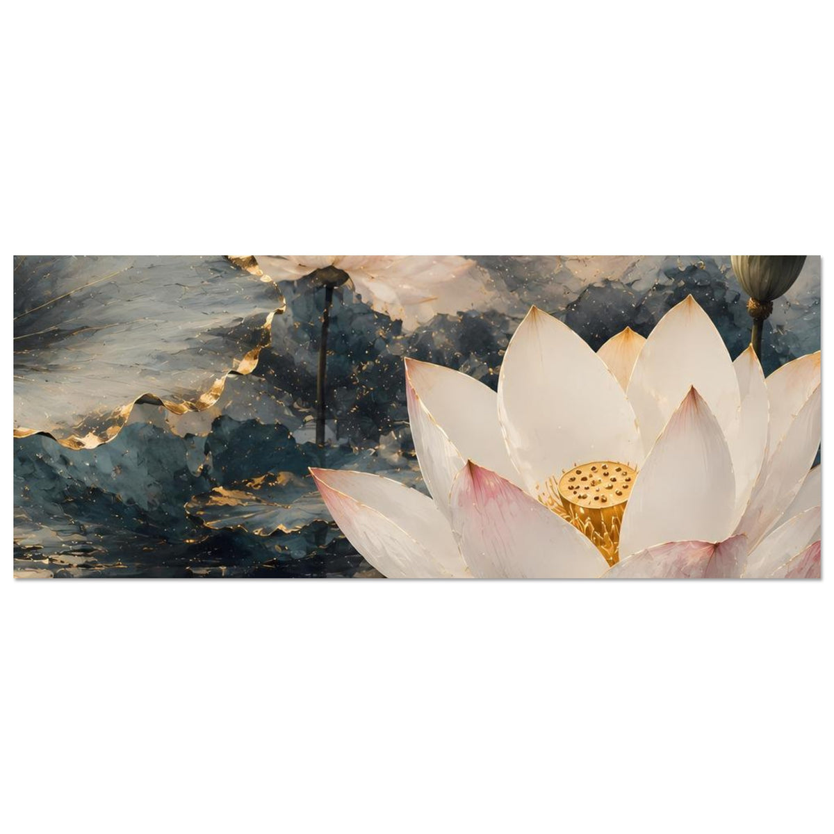 Lotusblumen-Poster, horizontales Motiv mit weißen Seerosenblüten und goldener Blütenmitte