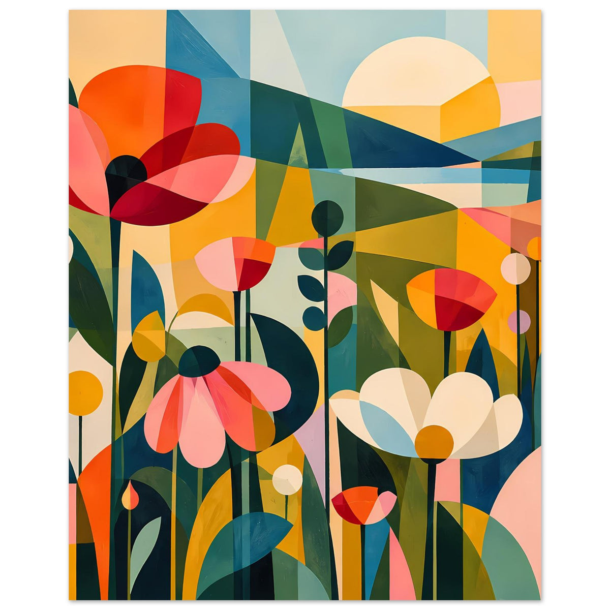 Abstraktes Blumenposter mit zentralen Blüten und warmen Farbbahnen, moderne Komposition