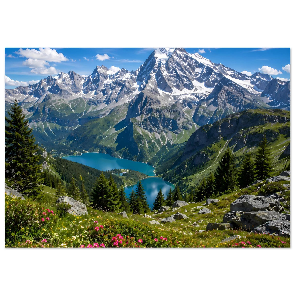 Alpenposter mit schneebedeckten Gipfeln, Tal und See, Blumenwiese, Querformat