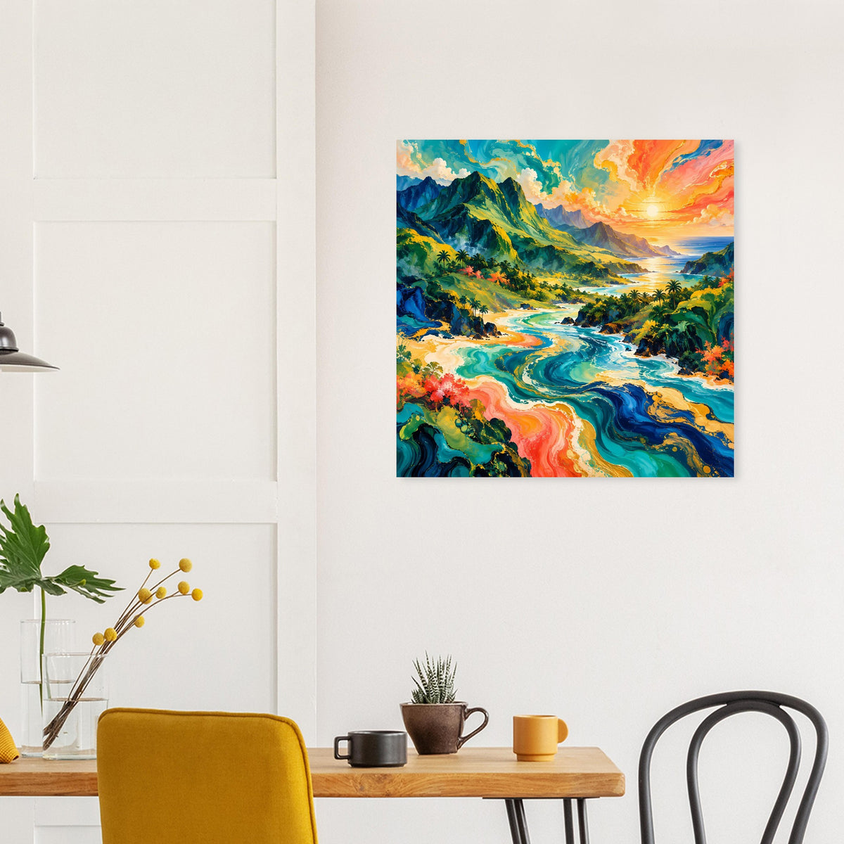 Quadratisches Poster: grüne Berge, geschwungener Fluss in Blau und Orange, goldener Himmel