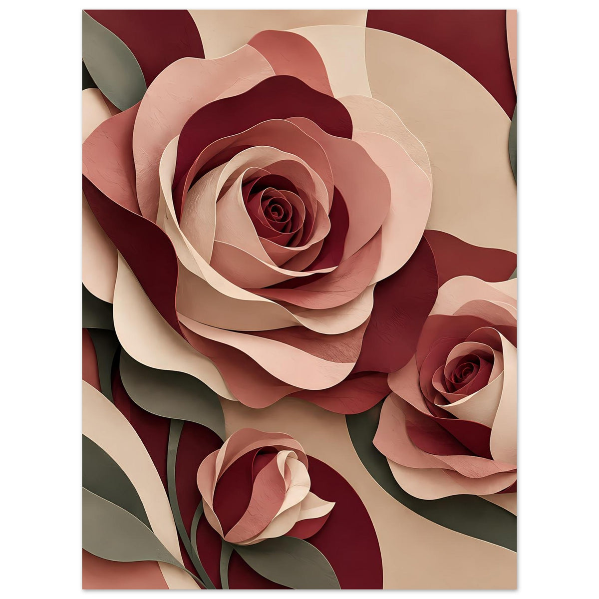 Florales Kunstposter mit Rosen in Burgunder, Rosé und Beige