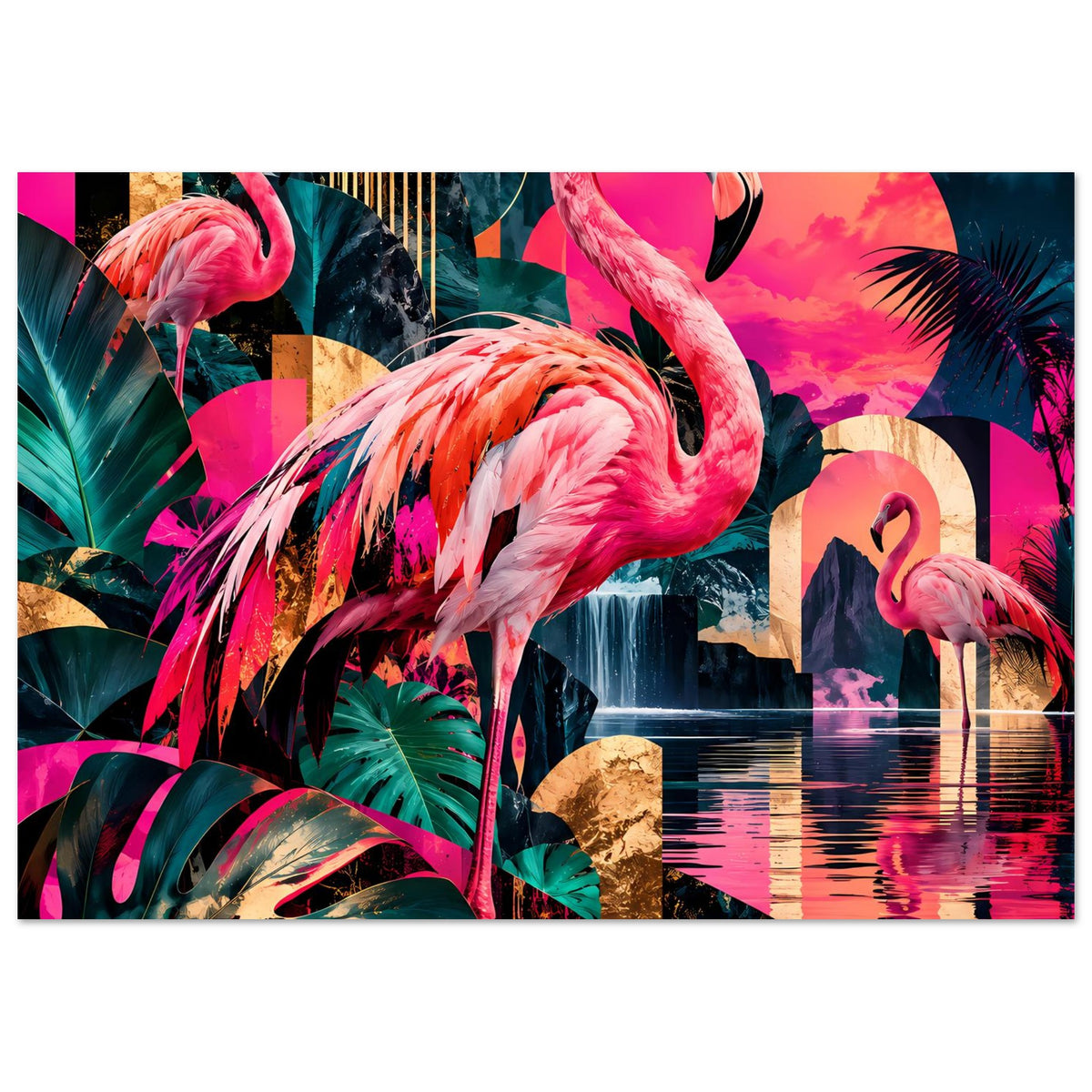 Horizontalformat-Poster mit Flamingos, Palmenblättern und reflektierender Farbfläche