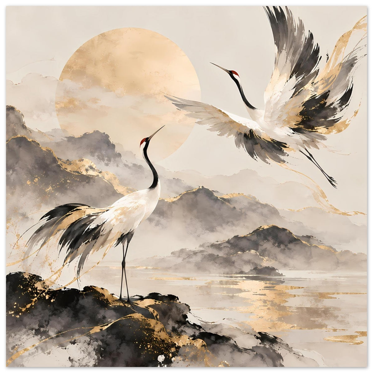 Poster mit Kranichen in Gold- und Grautönen, großer Flügelausbreitung rechts, Wolken im Hintergrund