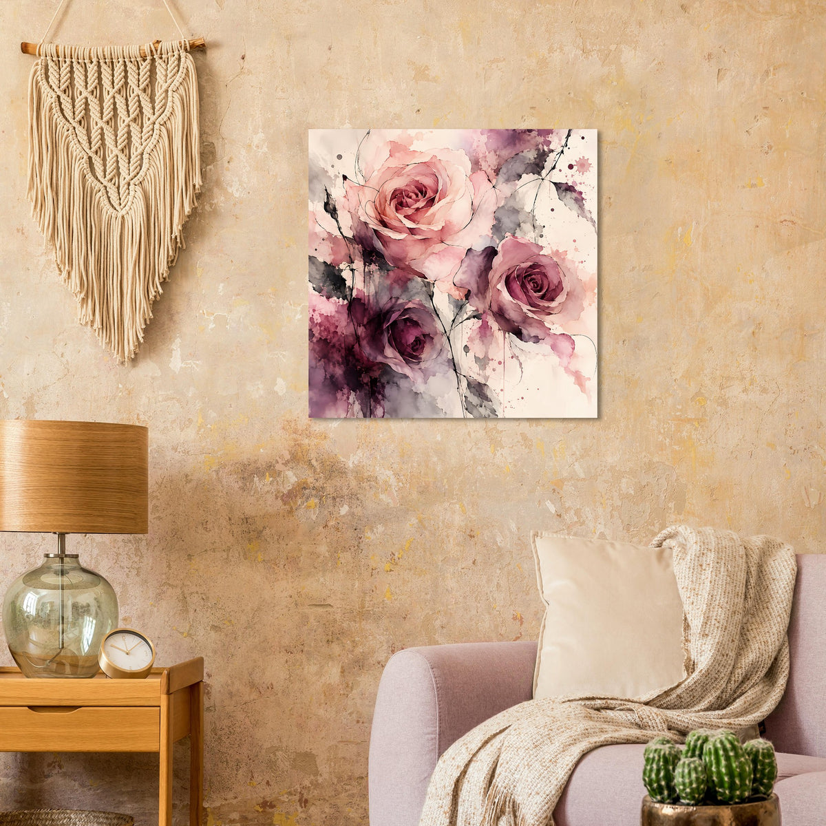 Quadratischer Aquarell-Rosenposter mit rosa und violetten Blüten