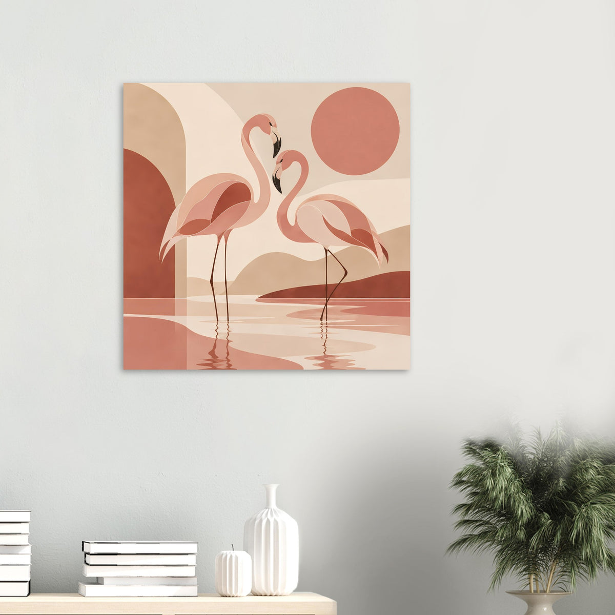 Naturposter im Wohnraum-Stil: zwei Flamingos, Boho-Formen und Wasserspiegelung