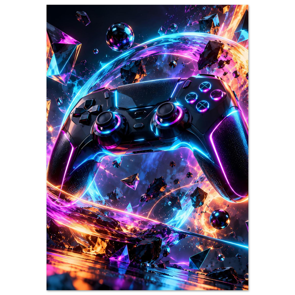 Futuristisches Poster mit Gaming-Controller-Motiv: schwarze Handhabe, Neon-Konturen