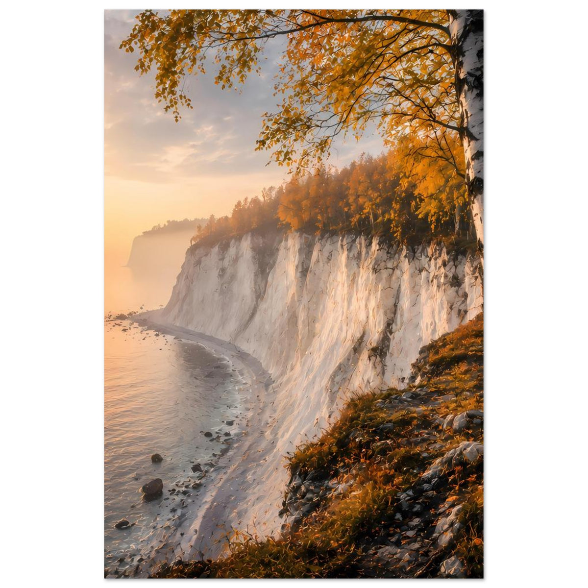 Poster (Hochformat) mit Küstenklippe, Birkenzweigen und orangefarbenem Herbstlaub