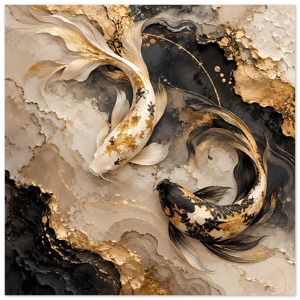 Wandposter mit zwei Koi-Fischen in Gold- und Schwarztönen, marmoriertes Abstract