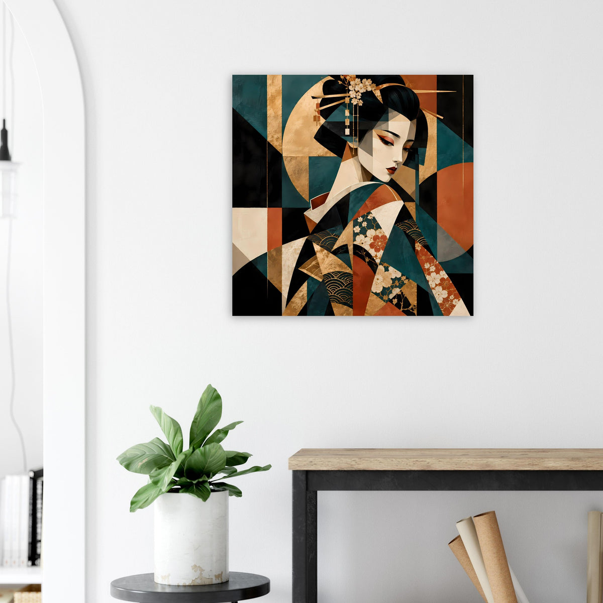Quadratisches Kunstposter mit Geisha-Profil und floralen Details im Kimono, Gold-Türkis-Rot.