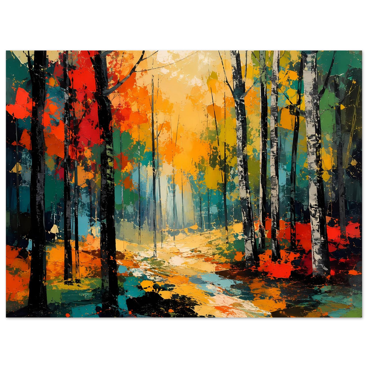 Wandposter im Querformat: bunter Herbstwald mit farbigen Bäumen und Weg im Vordergrund