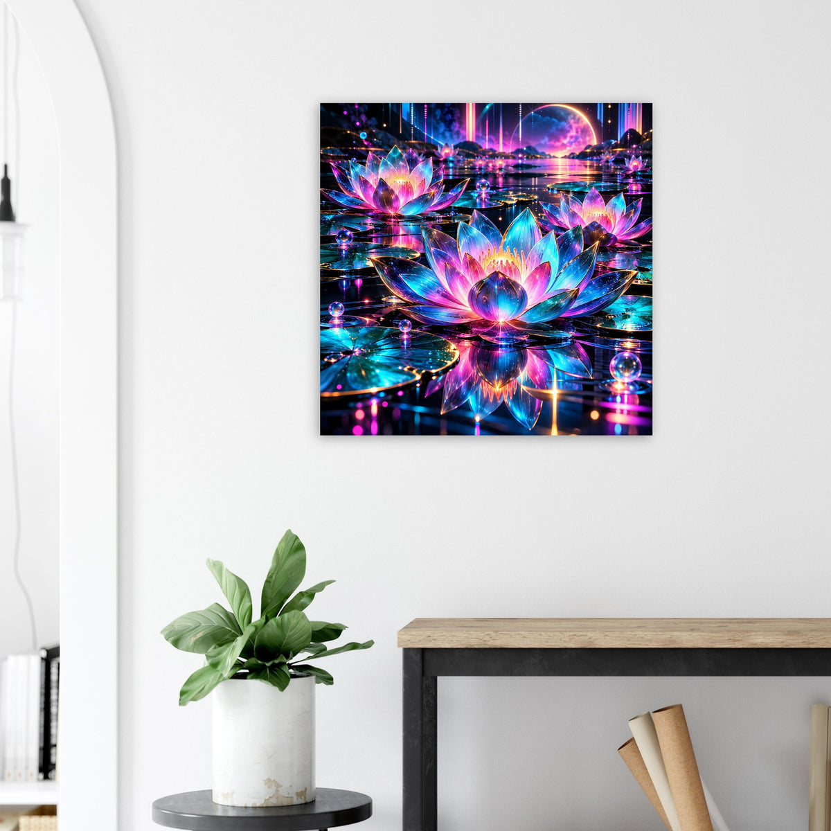 Neon-Lotus Poster im Quadratformat mit leuchtenden Blütenformen und Lichterpunkten