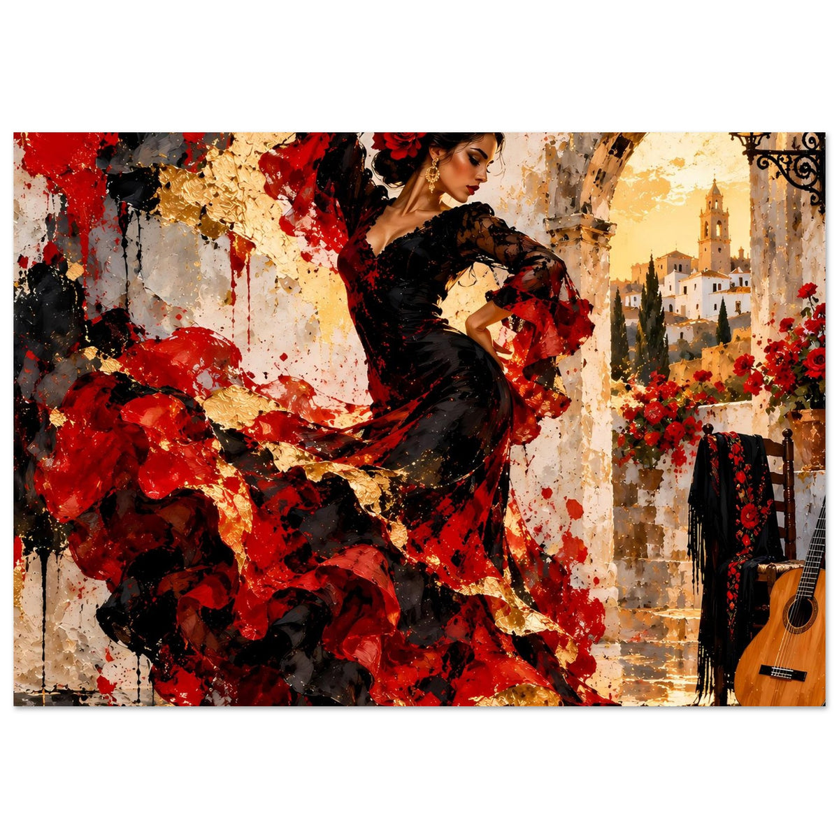 Poster mit Flamenco-Tänzerin in Schwarz und Rot, kräftige Farbspritzer sowie Deko-Elemente