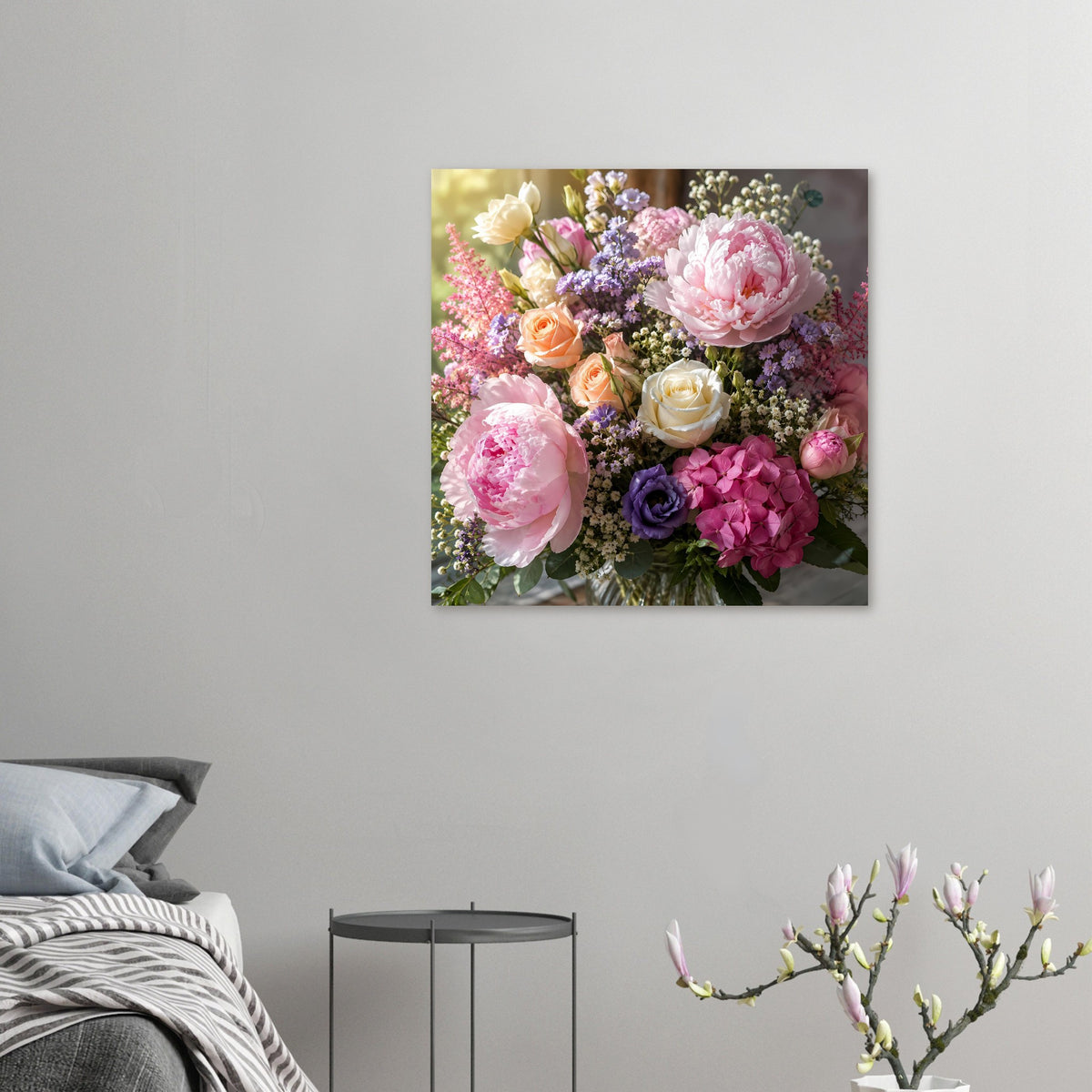 Blumenstrauß-Poster: kleiner Blumenmix mit Pfingstrosen, Rosen und violetten Blüten