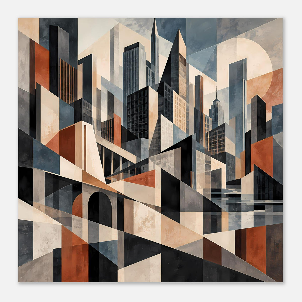 Architekturposter im Querformat, gerahmt: geometrische Stadtsilhouette in Erdtönen