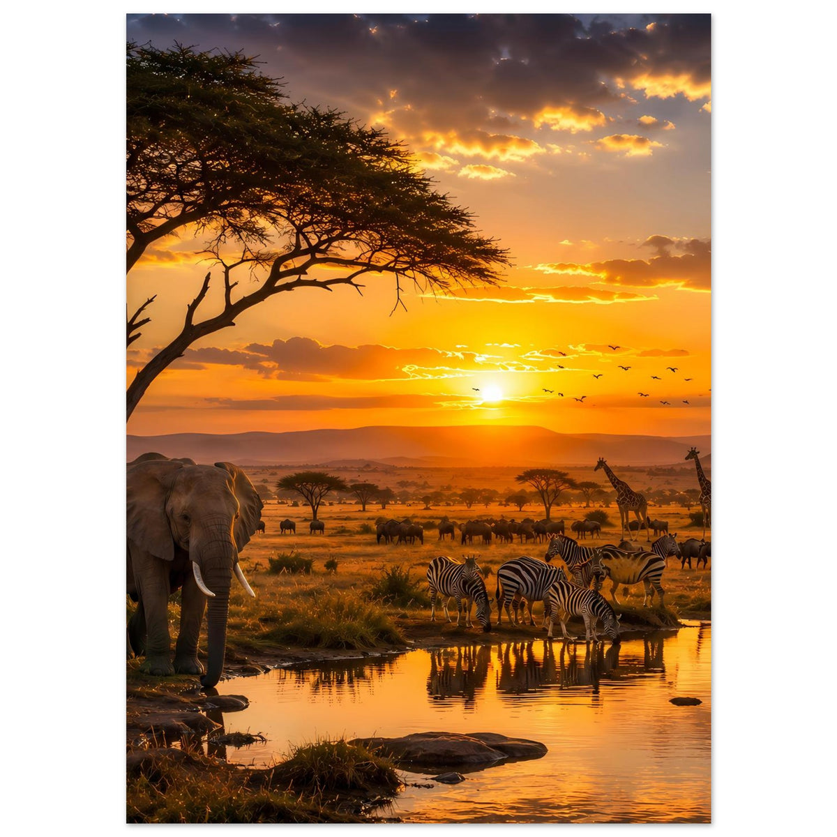 Savannen-Poster: Elefanten und Zebras am Wasser, Giraffen rechts, Sonnenuntergang