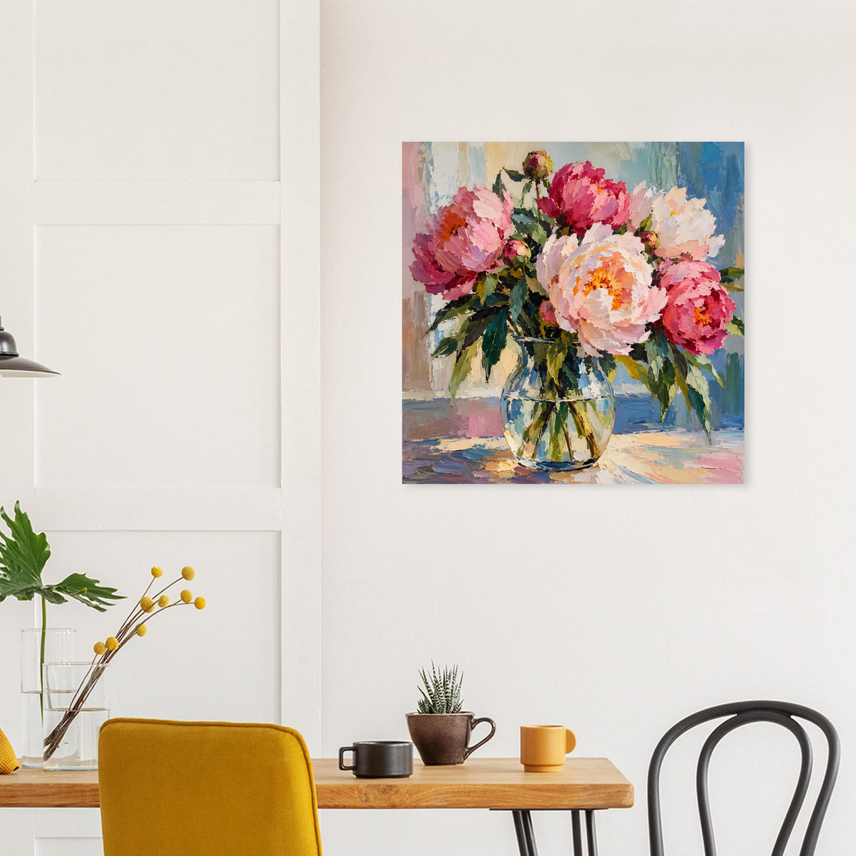 Blumenposter im Ölmalerei-Stil: Strauß rosa Blüten in Glasvase