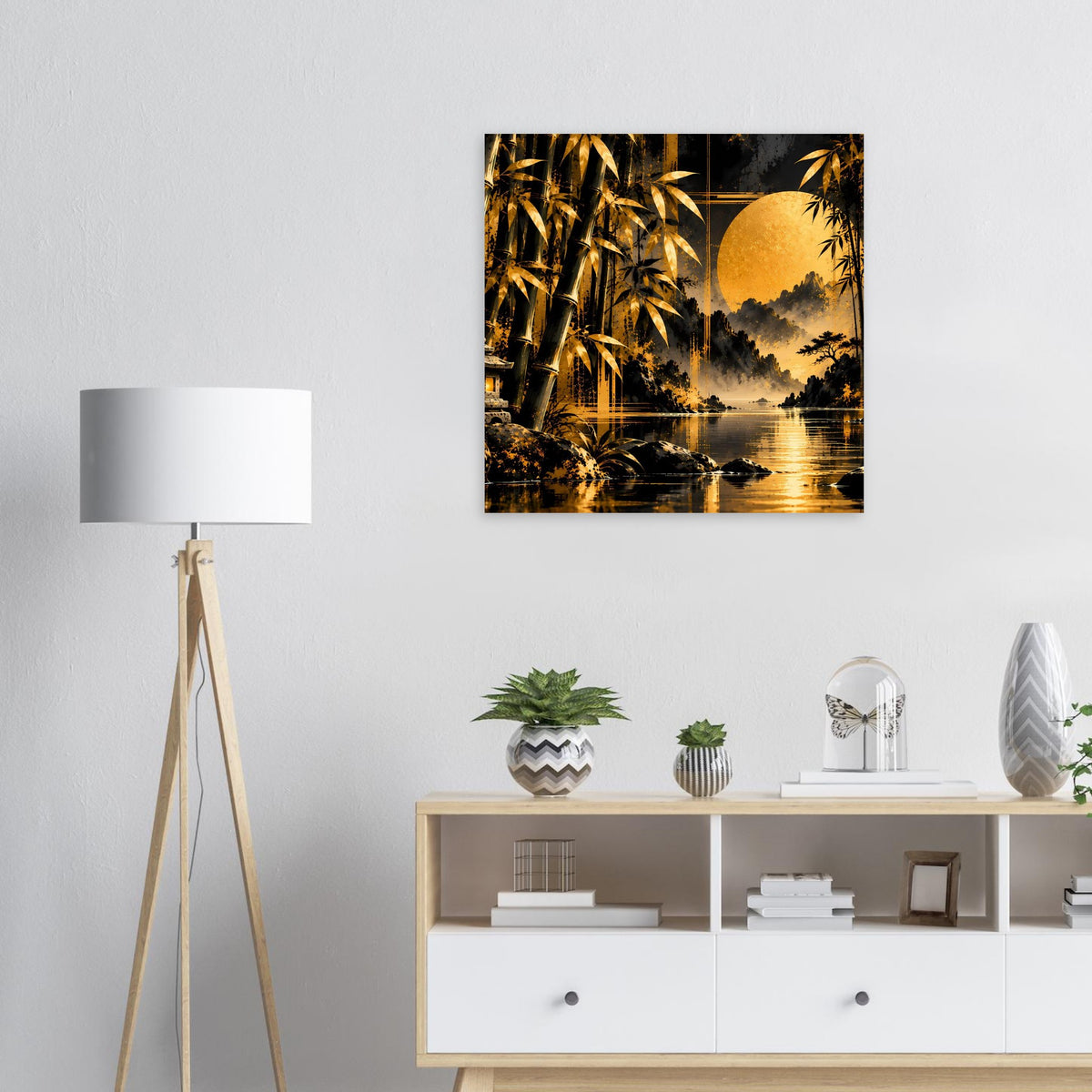 Quadratisches Wandposter: goldener Bambus und Abendhimmel mit Vollmond über Wasser.