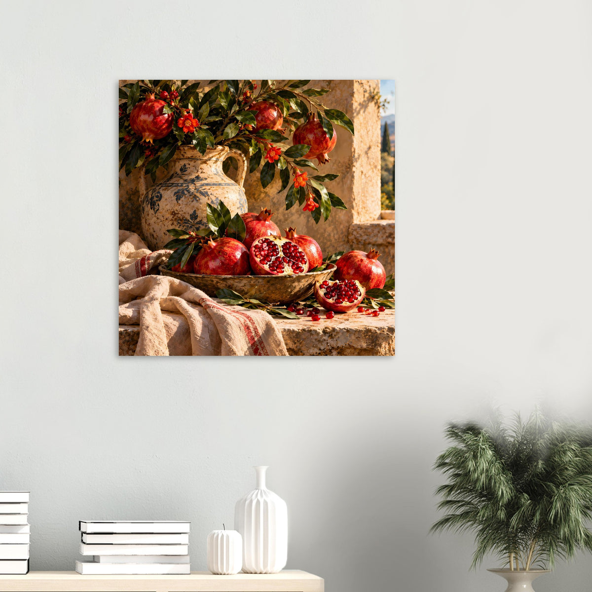 Kleines Poster-Motiv: Granatäpfel in Schale, Keramikkanne mit Blättern und roten Blüten.