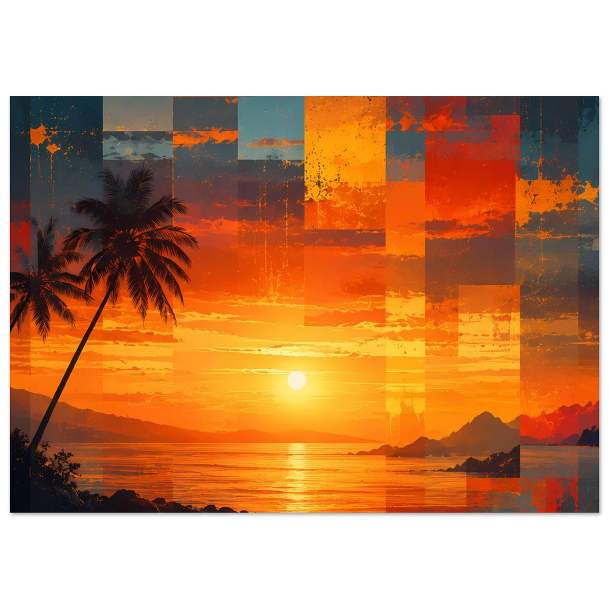 Poster: tropischer Sonnenuntergang mit Palme, Meer und leuchtender Sonne im Patchwork