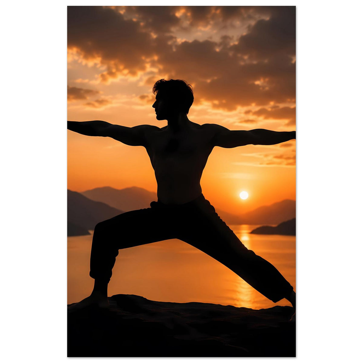Yoga-Kriegerpose-Poster, vertikal: Silhouette einer Yogaposition vor warmem Sonnenuntergang