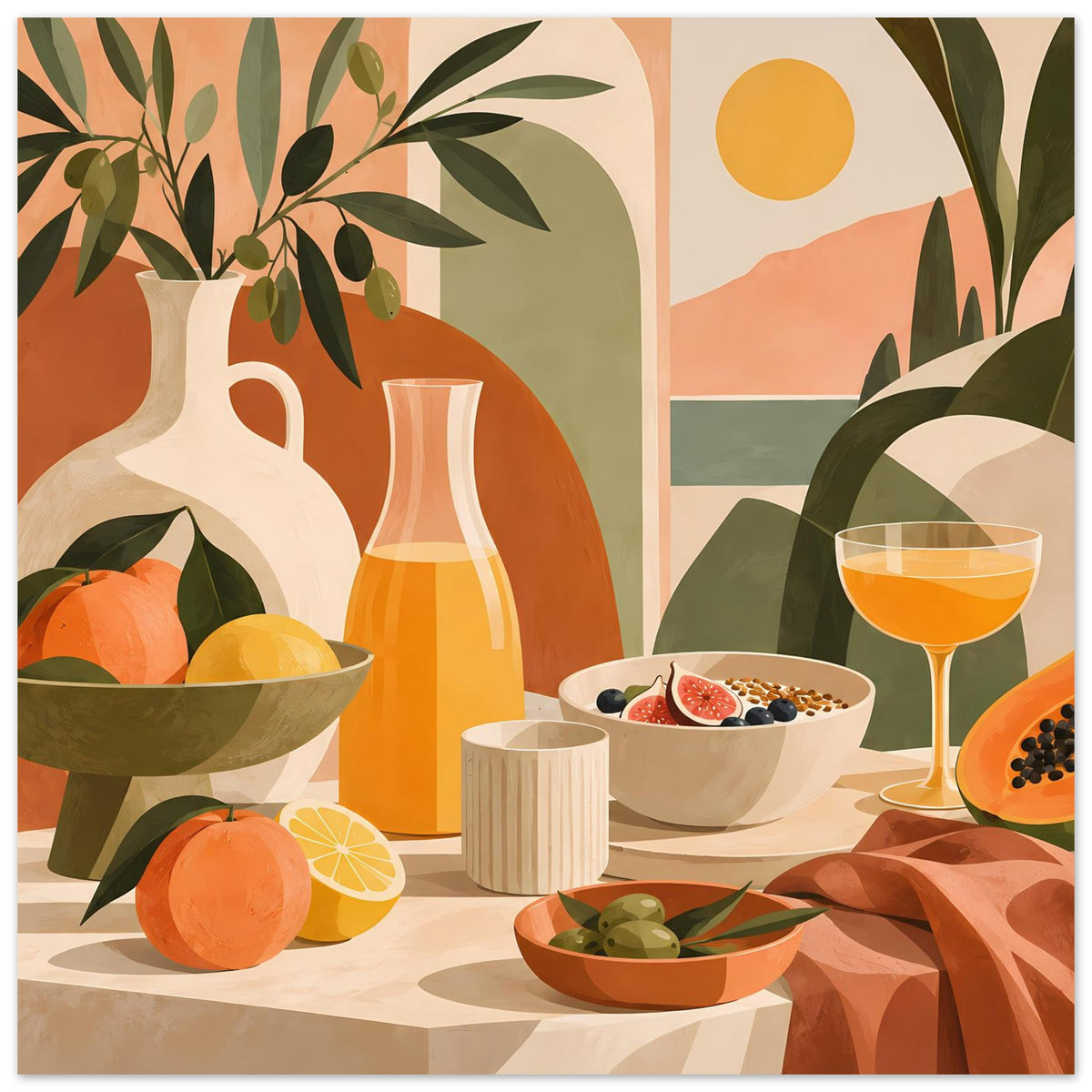 Stillleben-Poster: Vase, Obstschale, Wein im Glas und Oliven im mediterranen Boho-Motiv