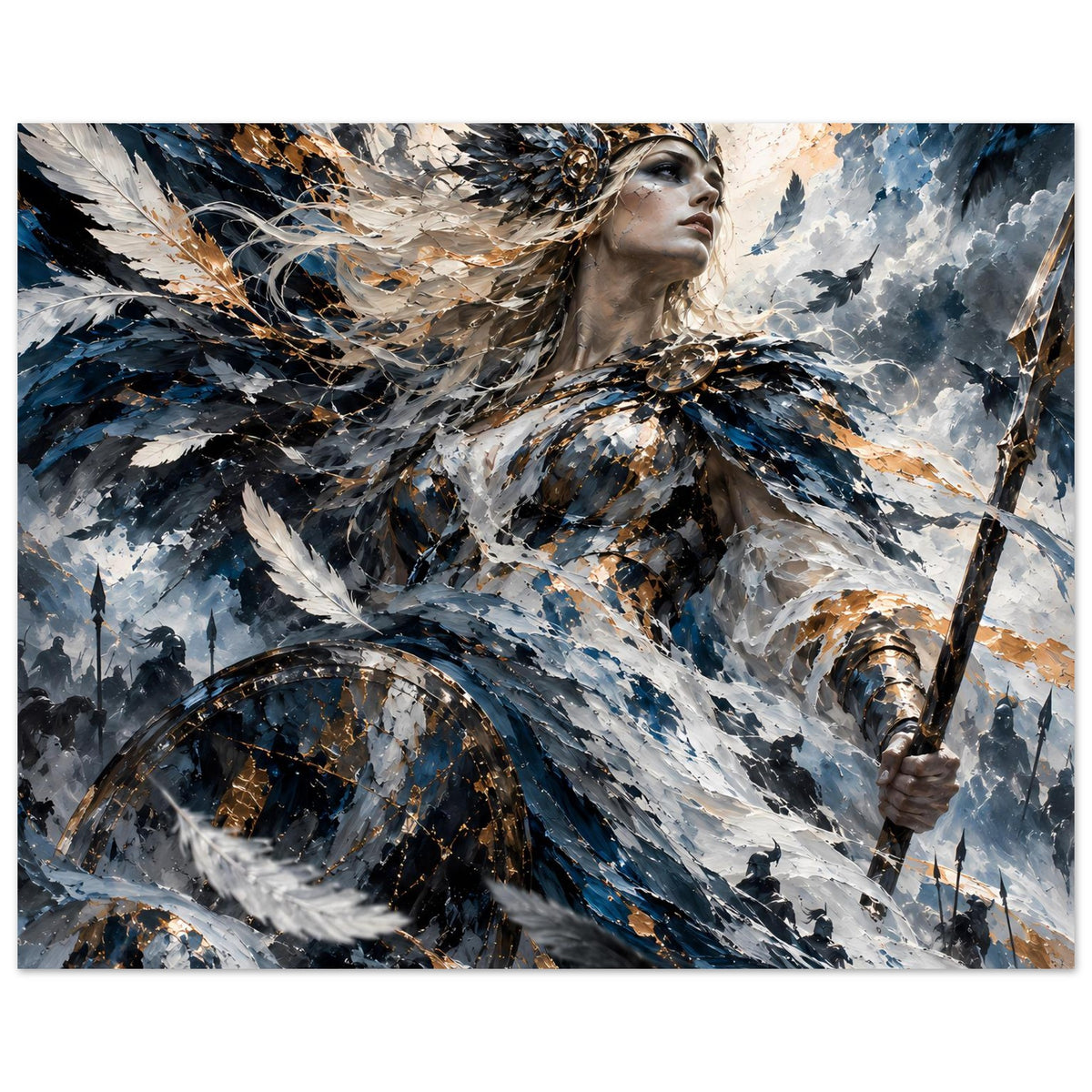 Nahansicht-Poster: Valkyrie mit Federflügeln, blau-grau, gold-braune Akzente, Speer
