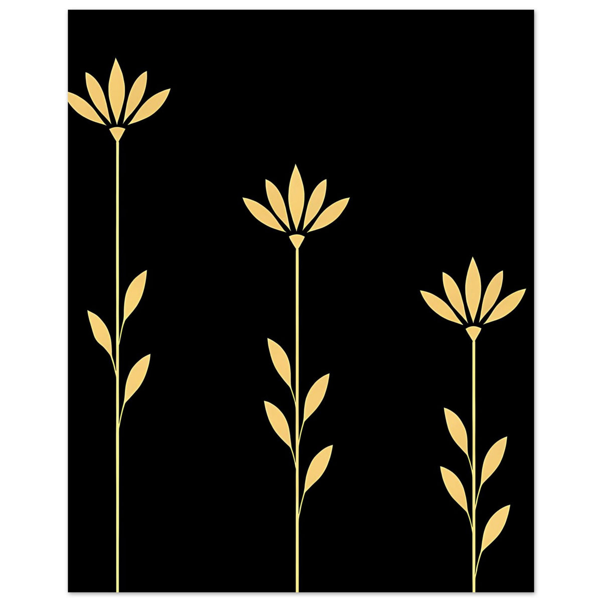 Poster mit drei goldenen Blütenstielen und Pflanzenornamentik auf schwarzem Grund