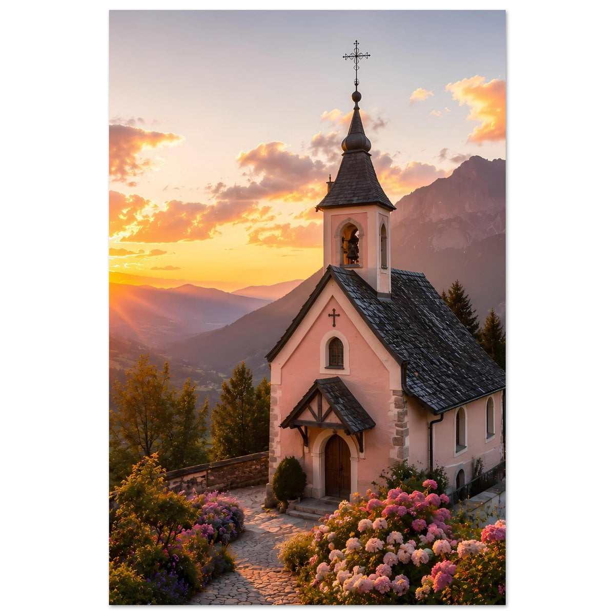 Hochformat-Landschaftsposter mit Kapelle und Glockenturm, Sonnenuntergang über Berglandschaft