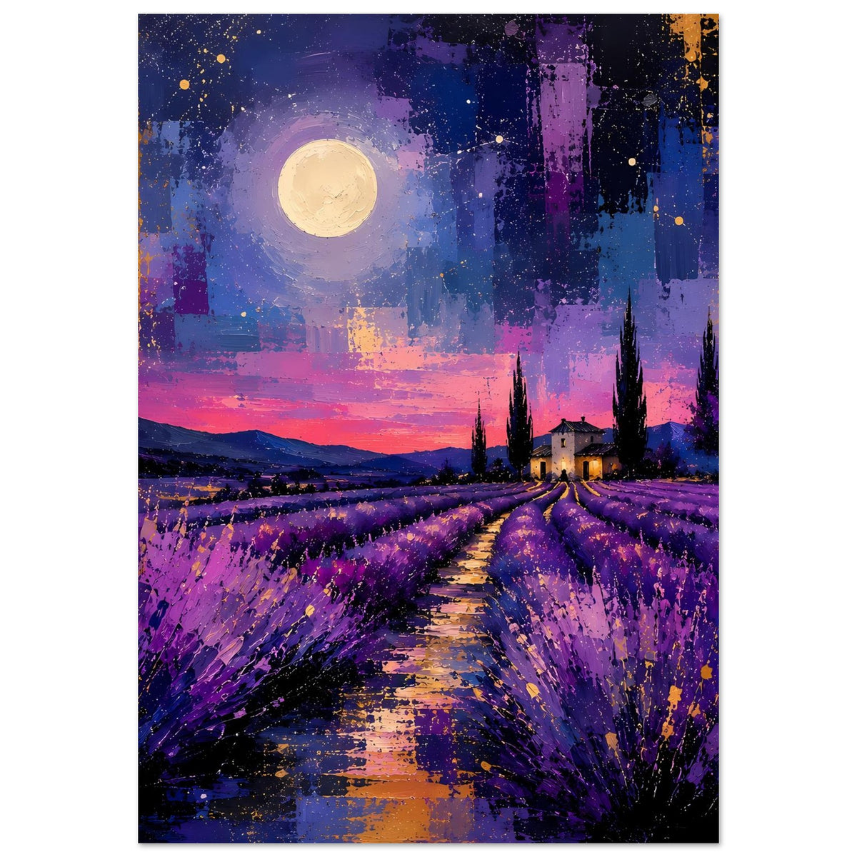 Hochformat-Poster mit Lavendelfeldern bei Nacht, gelber Vollmond, violette Blüten und Weg