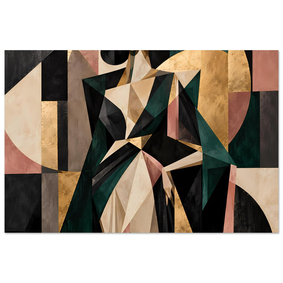 Abstraktes Poster mit geometrischen Formen in Olivgrün, Gold und Rosé, horizontal
