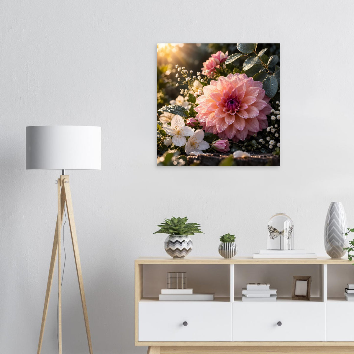 Blumenposter mit großer rosa Blüte, umgeben von weißen Blüten und Blättern