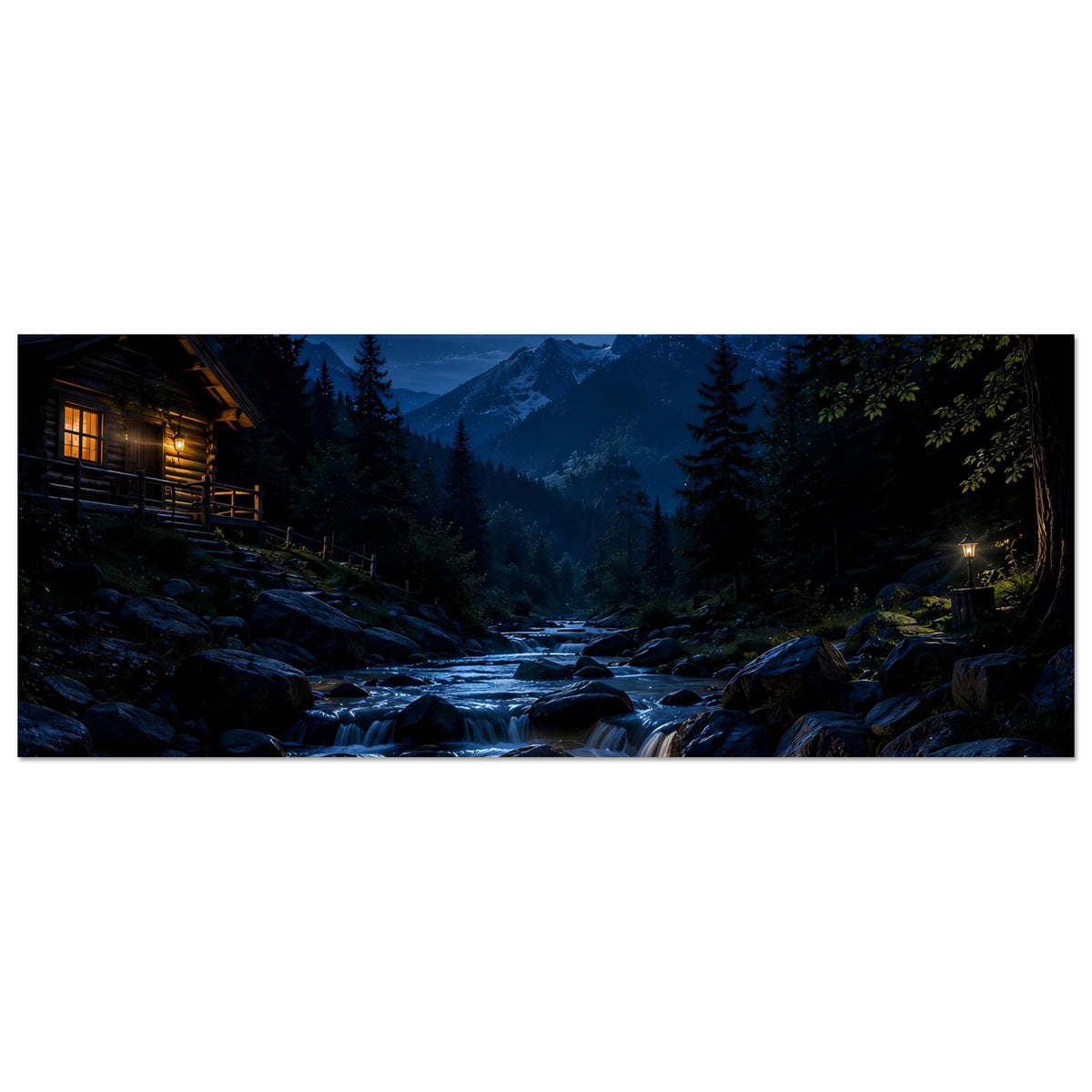 Horizontales Poster: Mond über Bergwald mit Gebirgsbach und Felsriffen