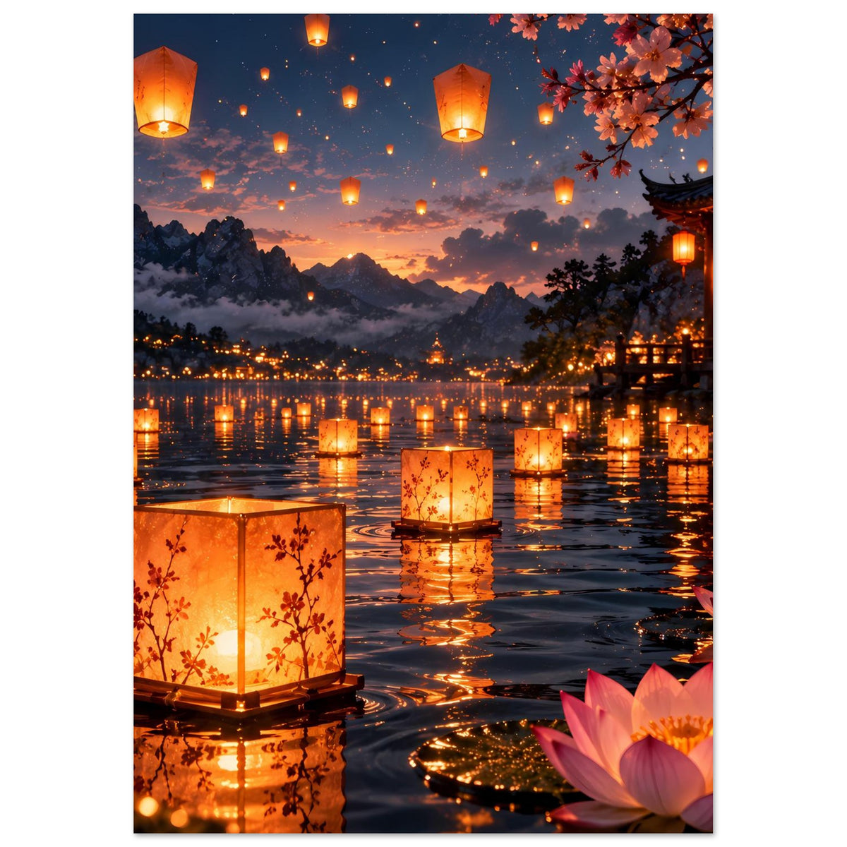 Laternenfest-Poster: goldene Laternen im Wasser, orange Abendhimmel und rosa Blüte unten rechts