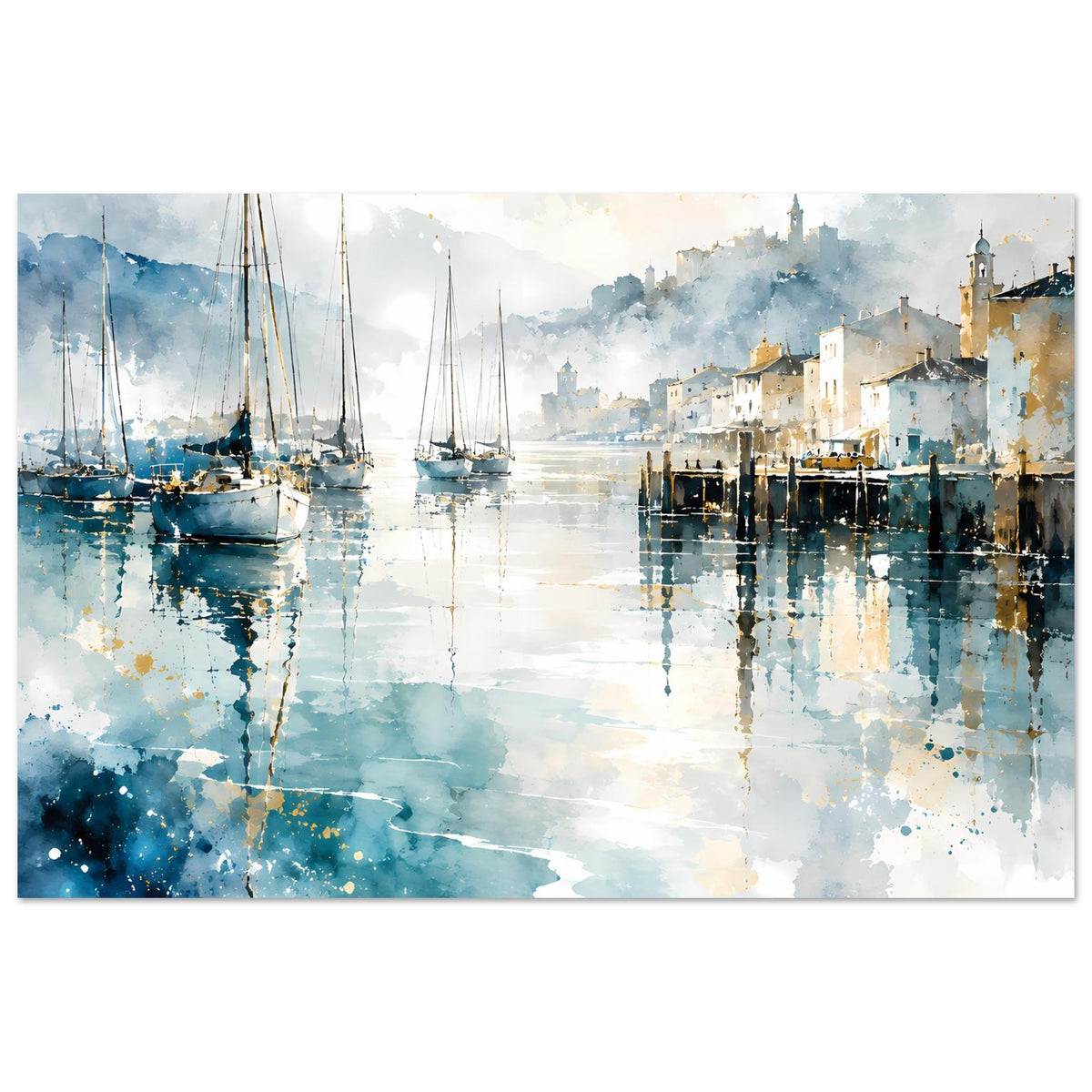 Maritimes Aquarellposter mit Segelbooten, Hafenwasser und sanften Blautönen