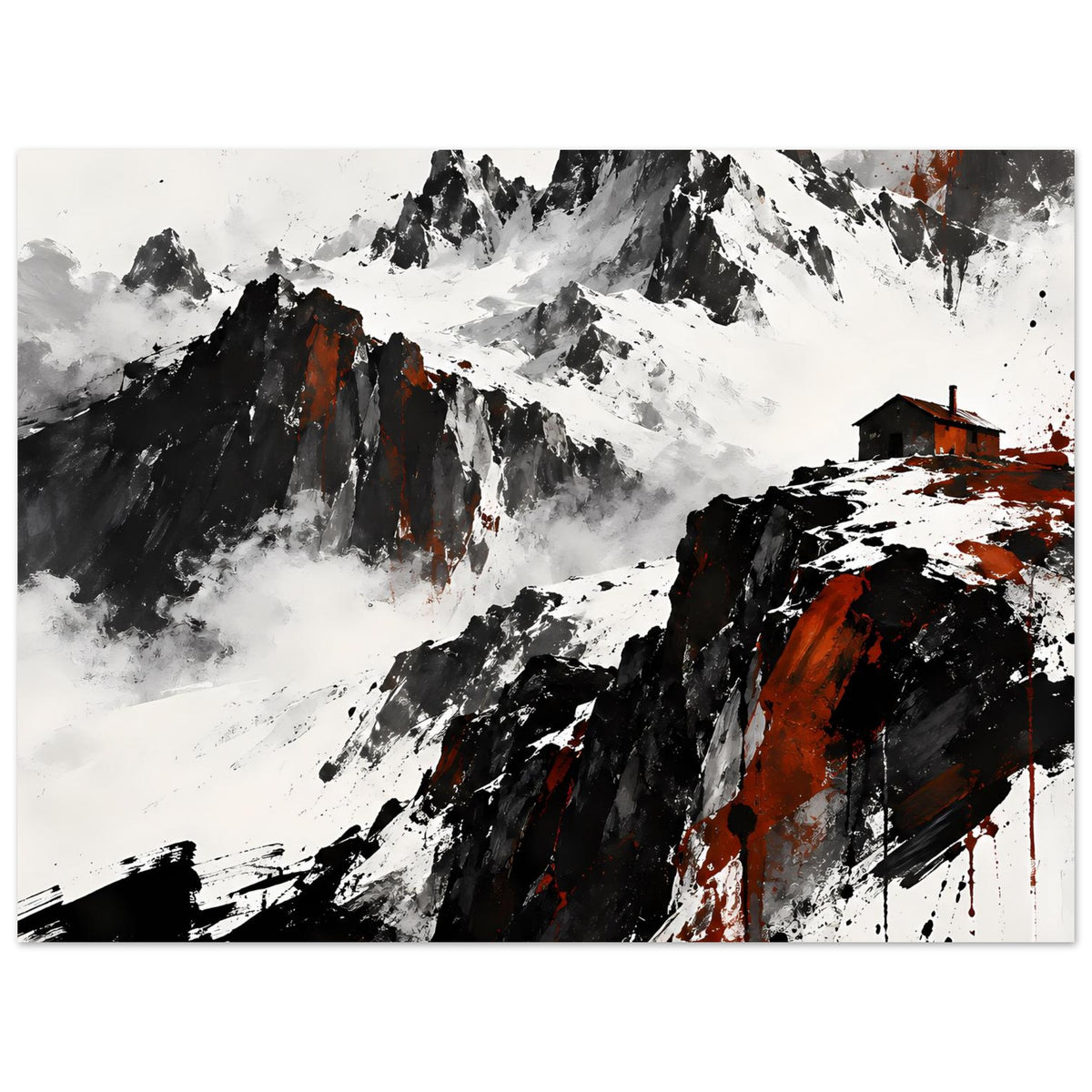 Berglandschafts-Poster mit dramatischer Bergkette, weißem Schnee, schwarzen Zacken und Rot