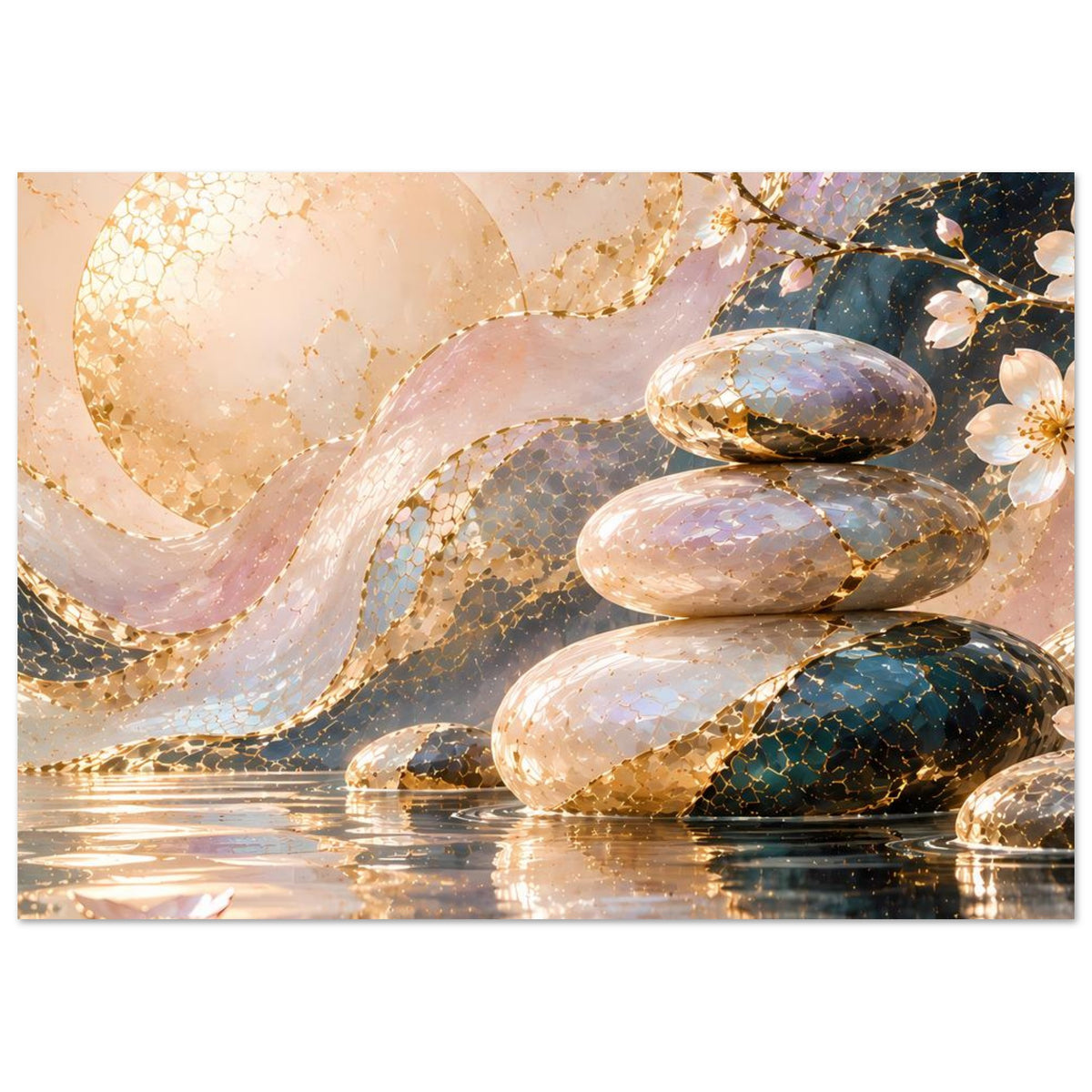 Zen-Poster im Querformat: gestapelte Steine mit Goldschimmer, Wasserreflexe und florale Details