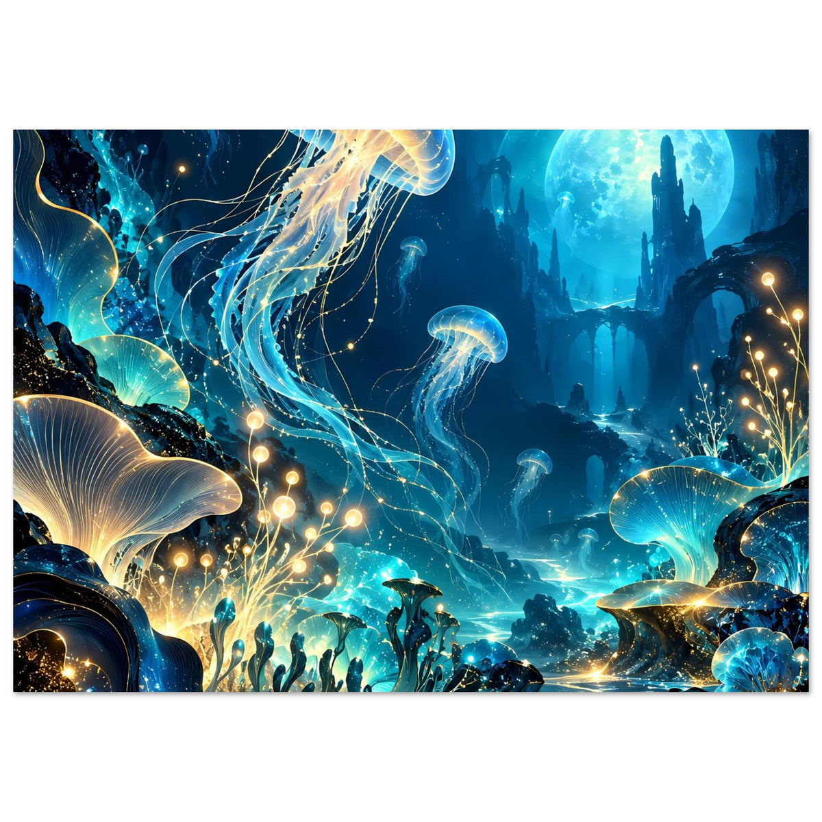 Unterwasserwelt-Poster mit großen Quallen, Tiefenriff und goldenen Lichtketten im Blau
