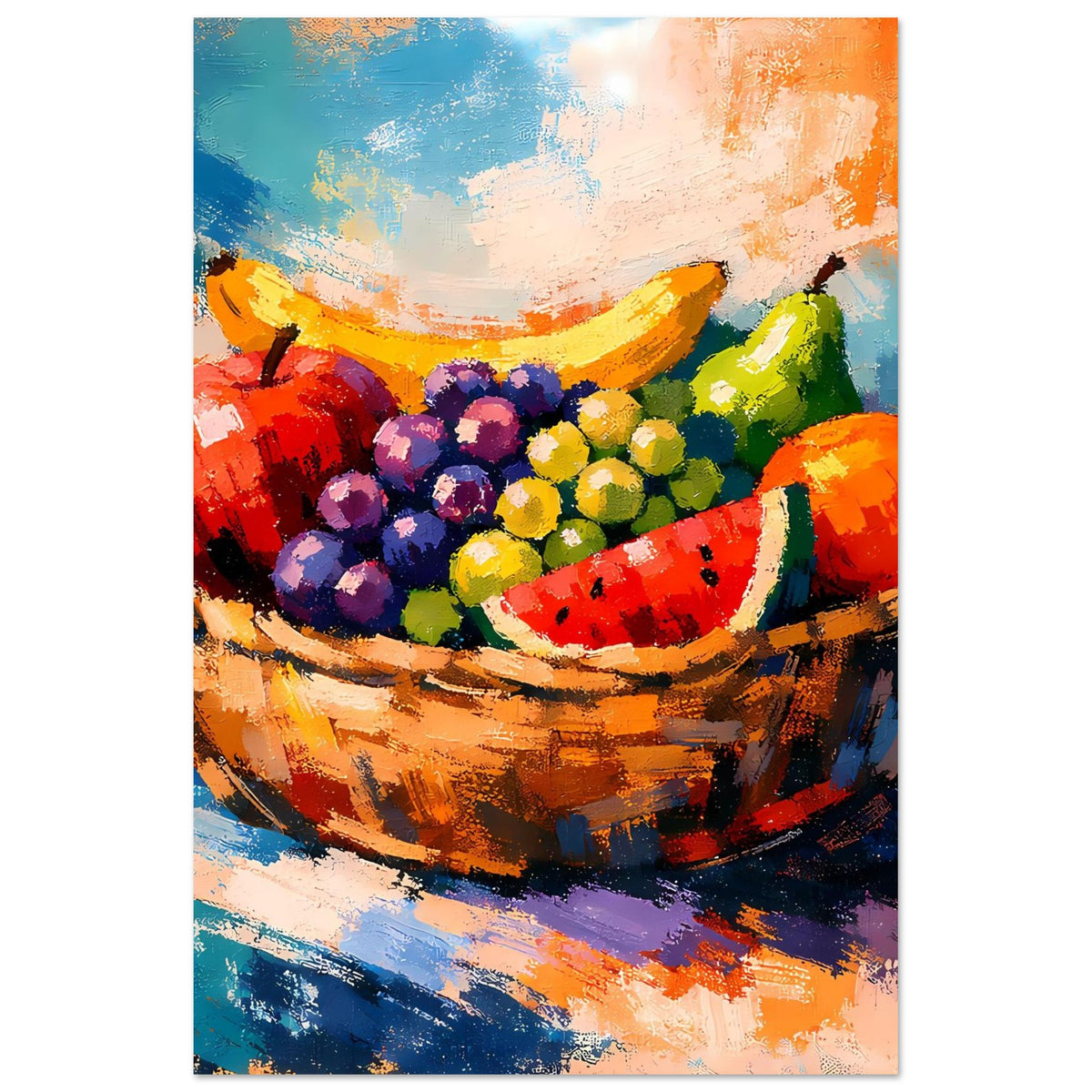 Poster mit Detailansicht eines Früchtekorbs: Trauben, Wassermelone und gelb-grünes Obst