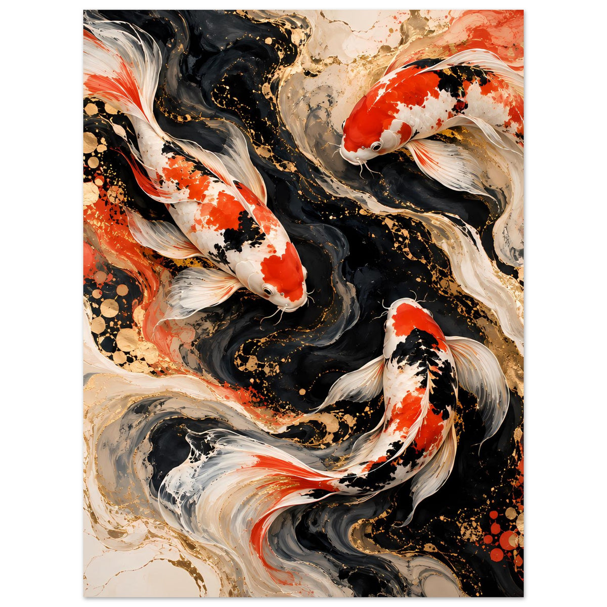 Kunstposter mit Koi-Fischen in Rot, Weiß, Schwarz und Grau, dynamisches Wirbelmuster