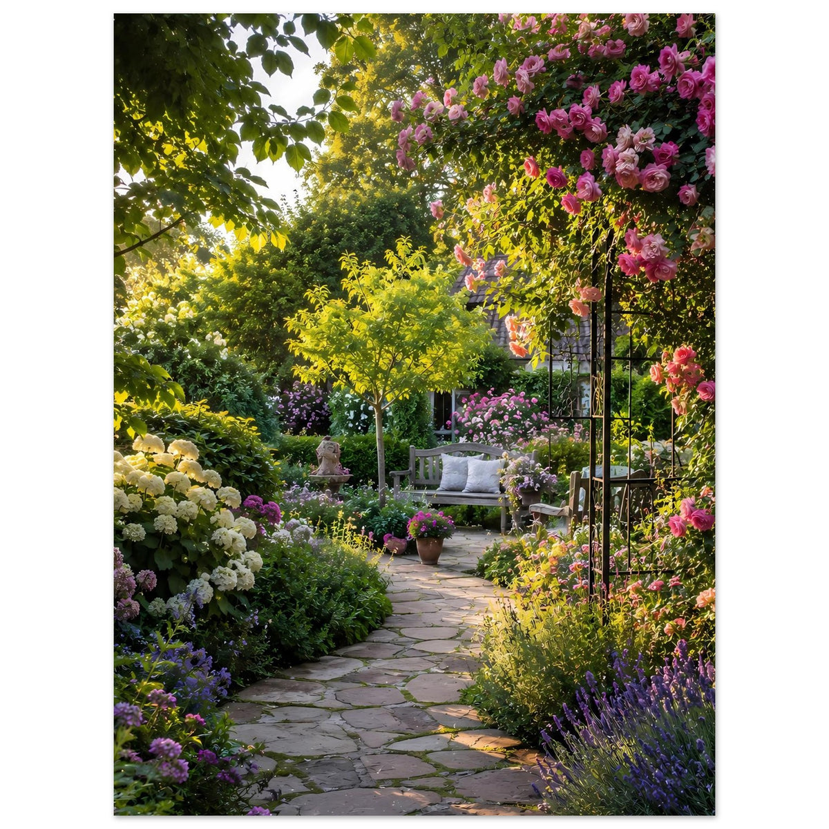 Blumenposter mit Gartenweg, rosa Blütenwänden und Rankgerüst, gelbe Büsche im Vordergrund