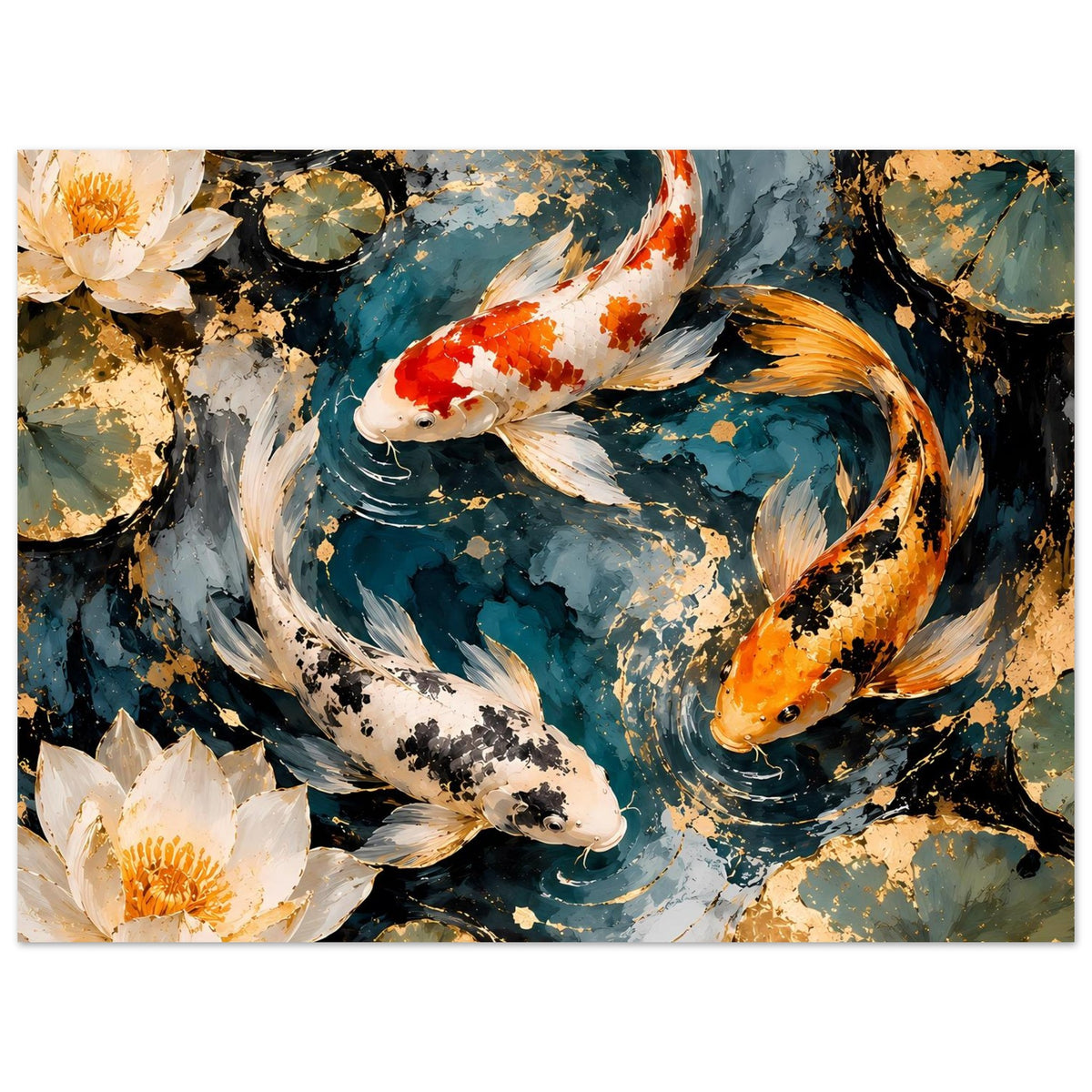 Kunstposter im Querformat mit Koi-Fischen und weißen Lotusblüten, in Blau- und Goldtönen