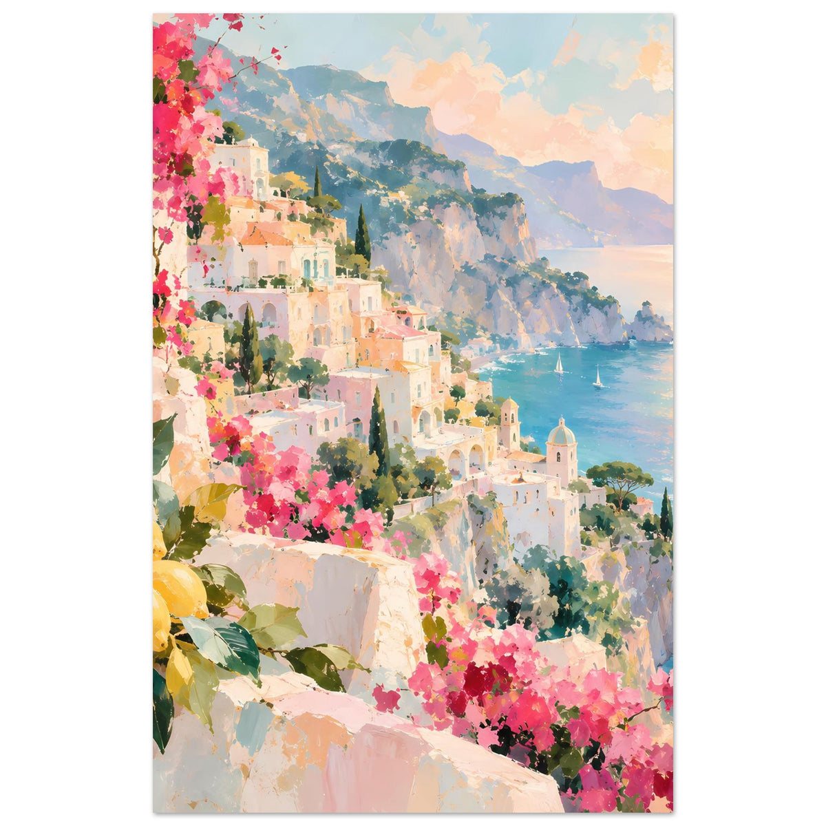 Kunstdruck-Poster, vertikal: Küstenlandschaft mit Stadt, rosa Blüten und blauem Meer mit Segeln
