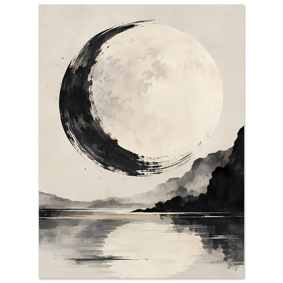 Wandposter in Schwarzweiß: Mondsichel am Himmel, Hügel und Spiegelung im See