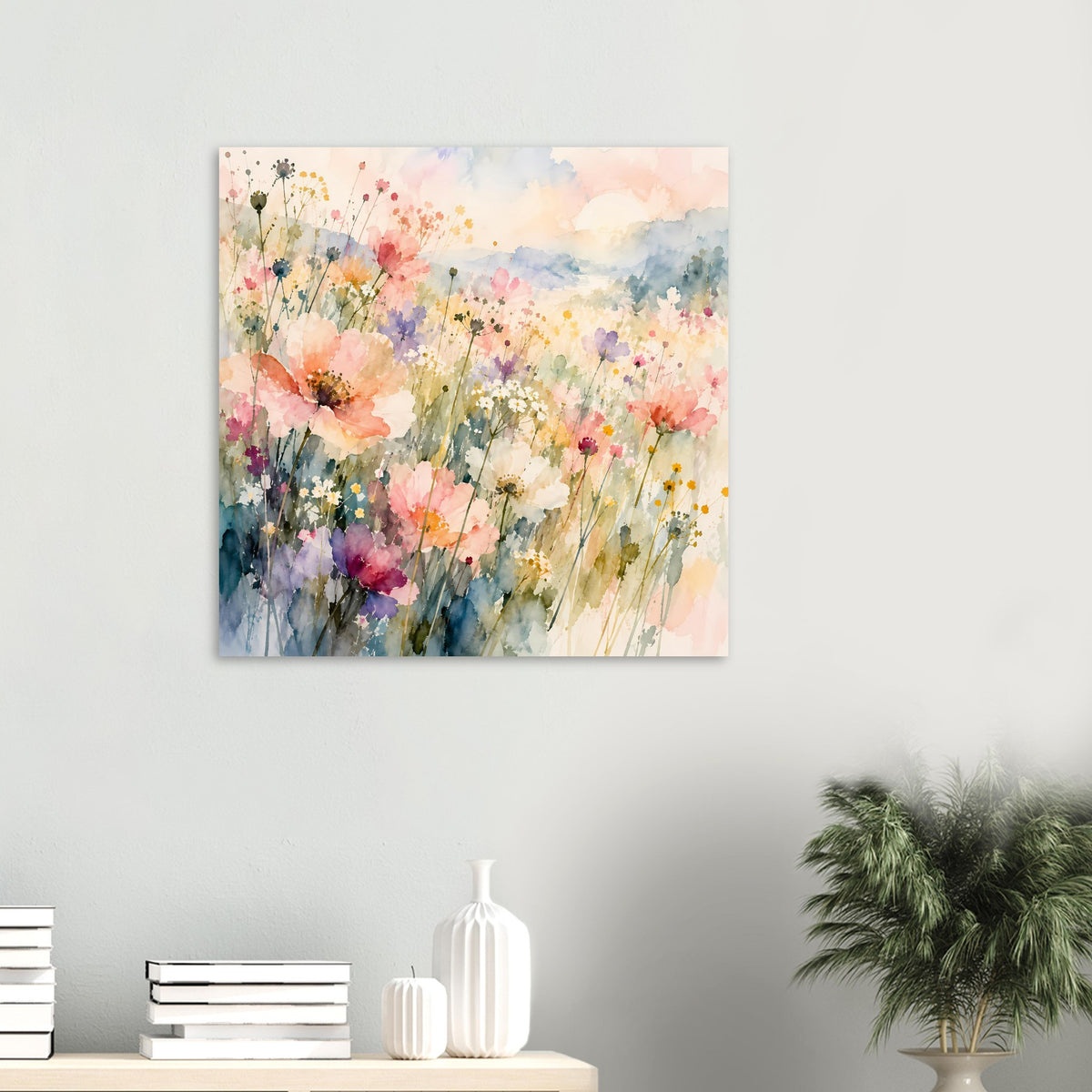 Kleines Aquarell-Poster mit Pastellblumen, viele Blütenfarben, rechteckig