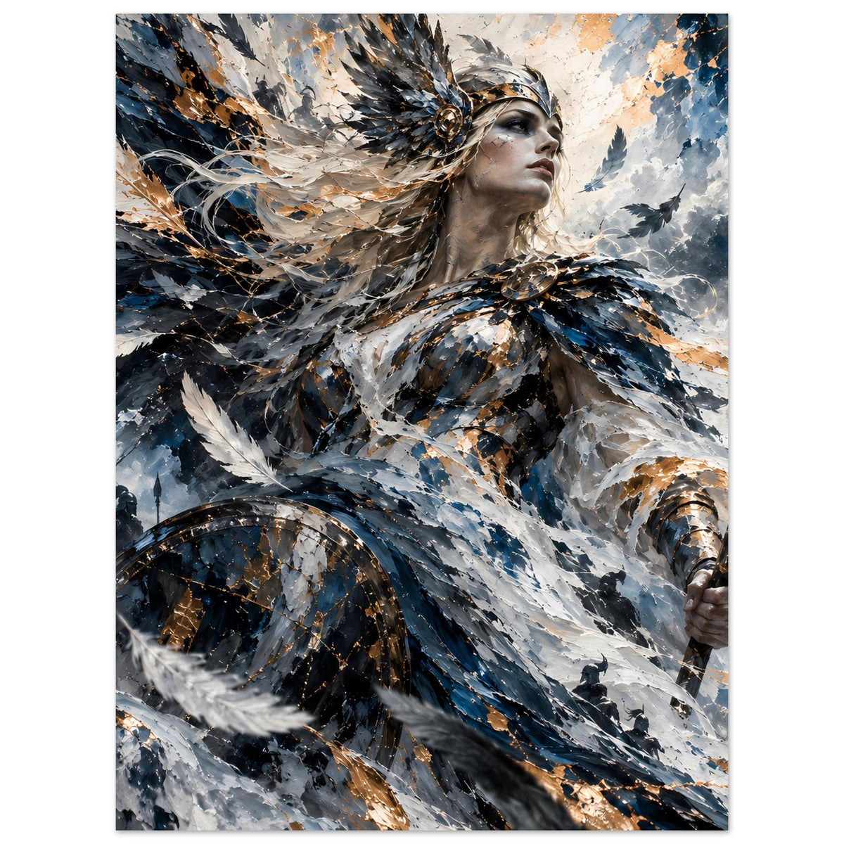 Poster mit Valkyrie in Blau, Weiß und Gold, mit Flügeln und Schild, Hochformat