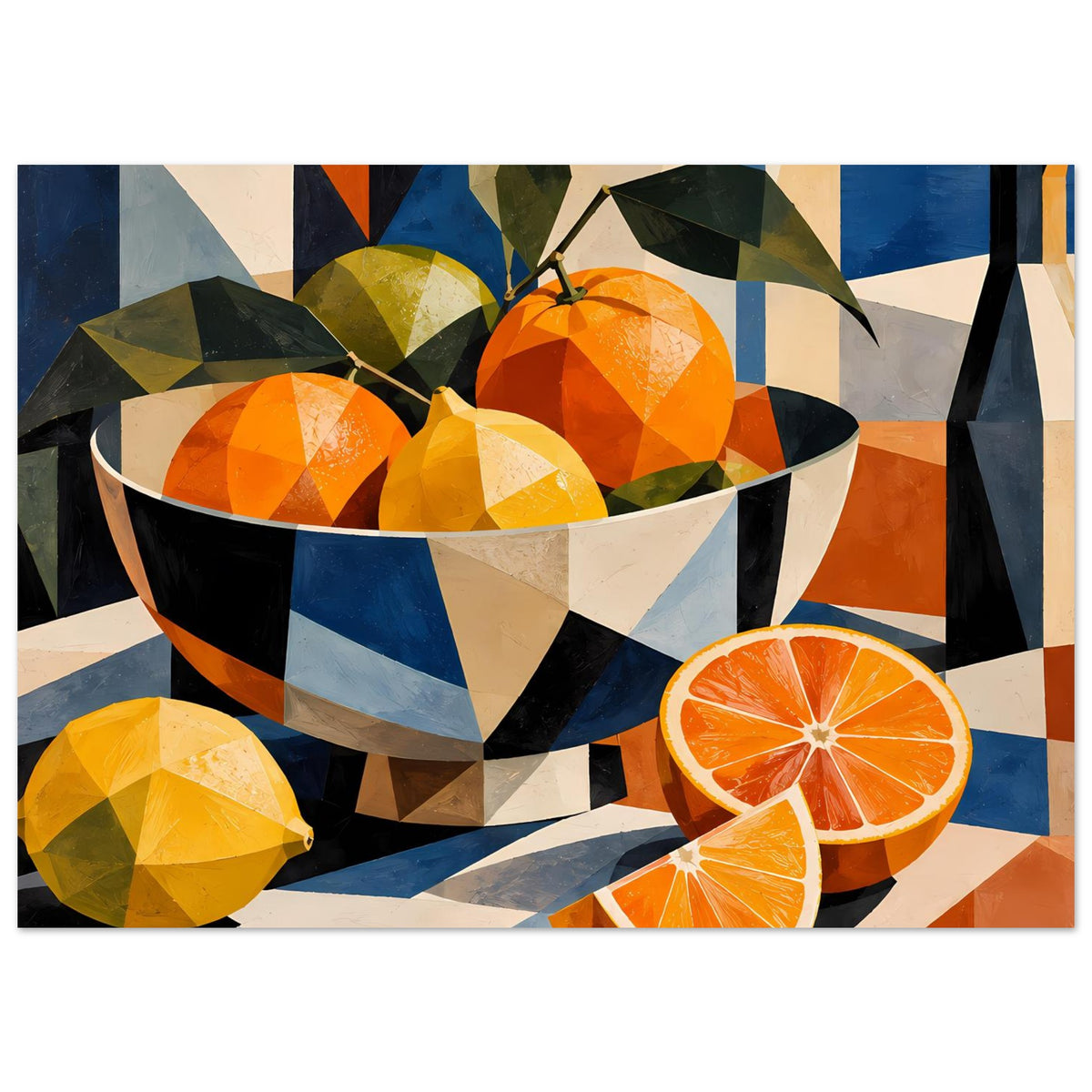 Kubistisches Poster mit Obstschale, orange und gelb dargestellten Orangen sowie Orangenschnitten