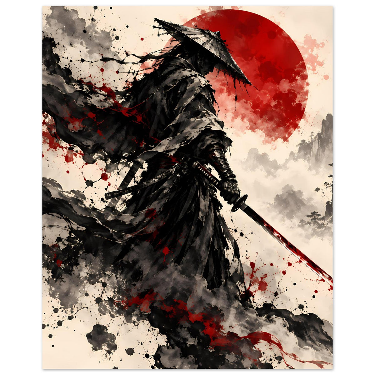 Samurai-Krieger-Poster mit roter Sonne, schwarzer Rüstung und Katana, hochformat
