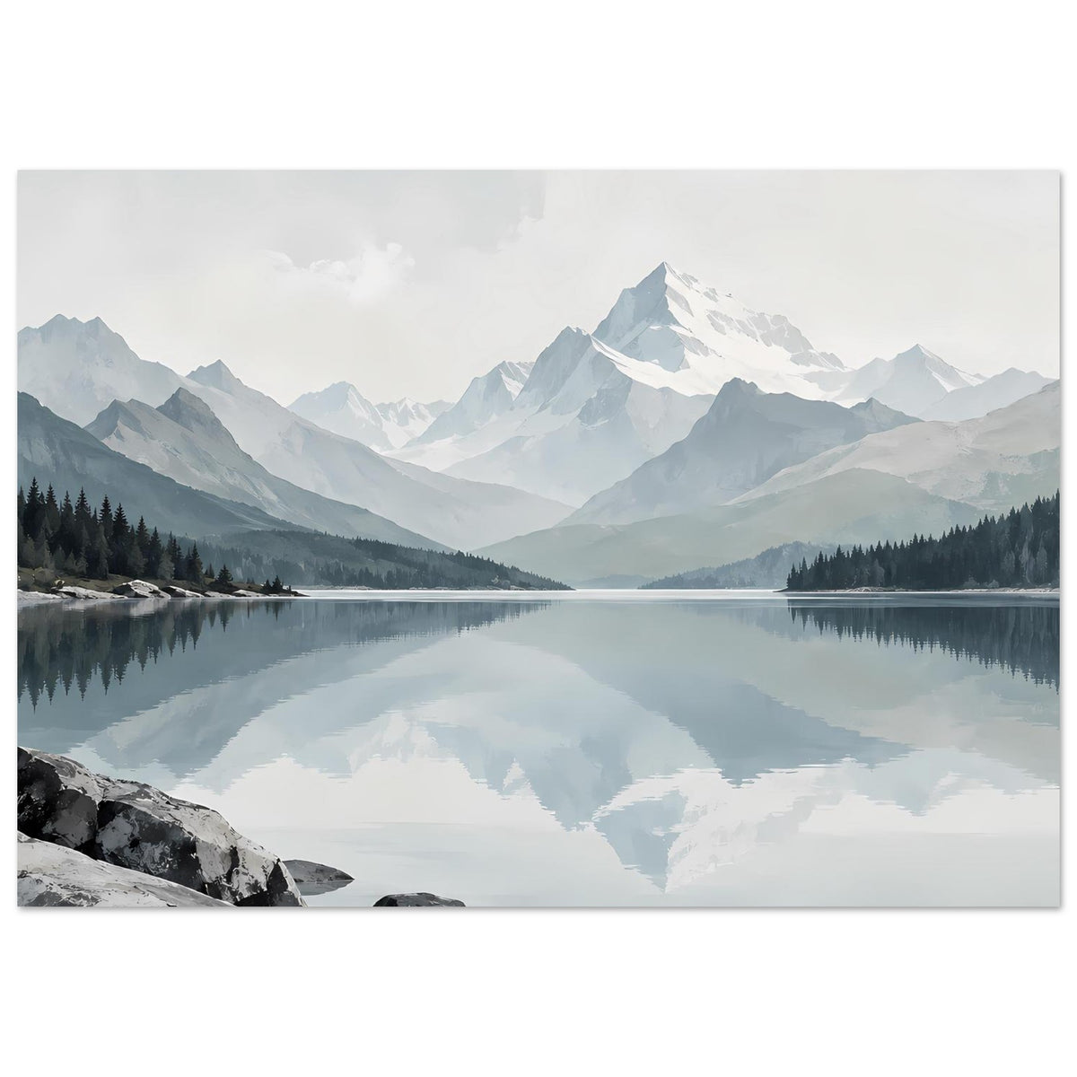 Kunstdruck im Querformat: Bergsee mit Spiegelung, Berge und Felsen unten links