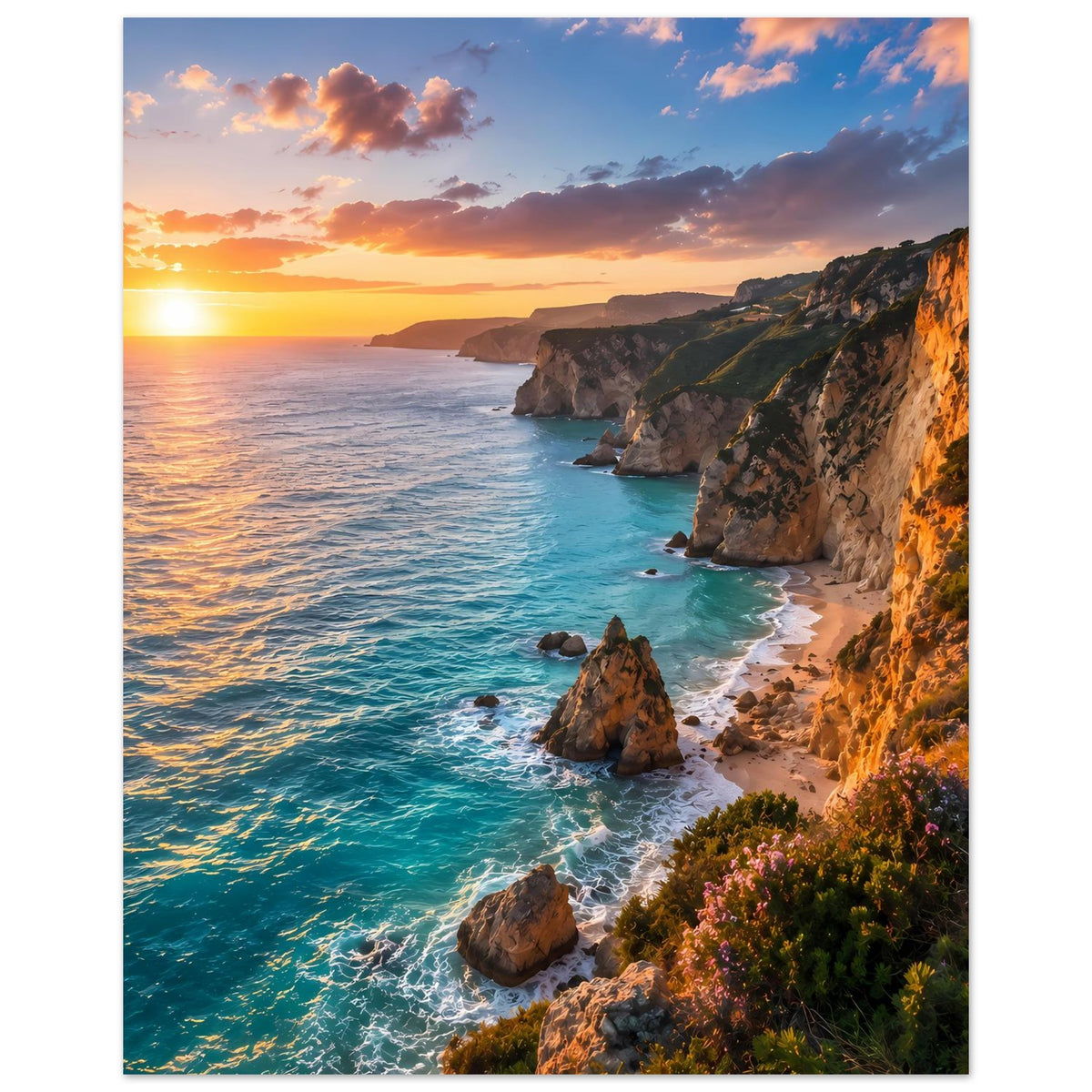 Poster Küstenlandschaft im Sonnenuntergang: türkisblaues Meer, Felsbuchten, leuchtende Sonne