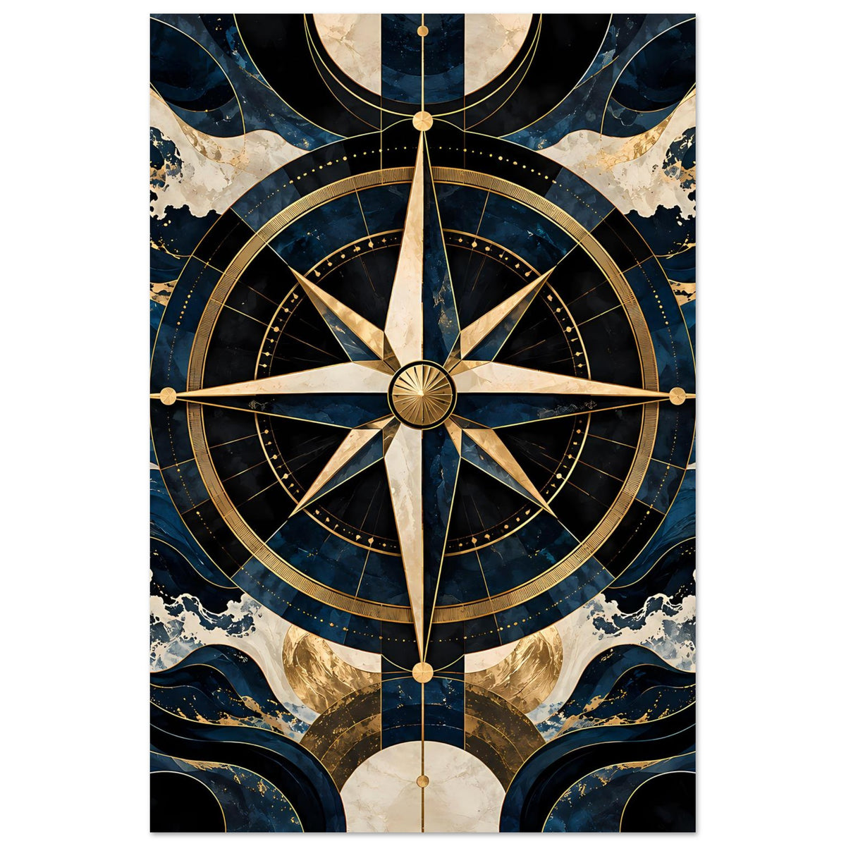 Maritimes Navigationsposter mit Kompassrose, goldene Achsen, Blau und Gold, vertikal
